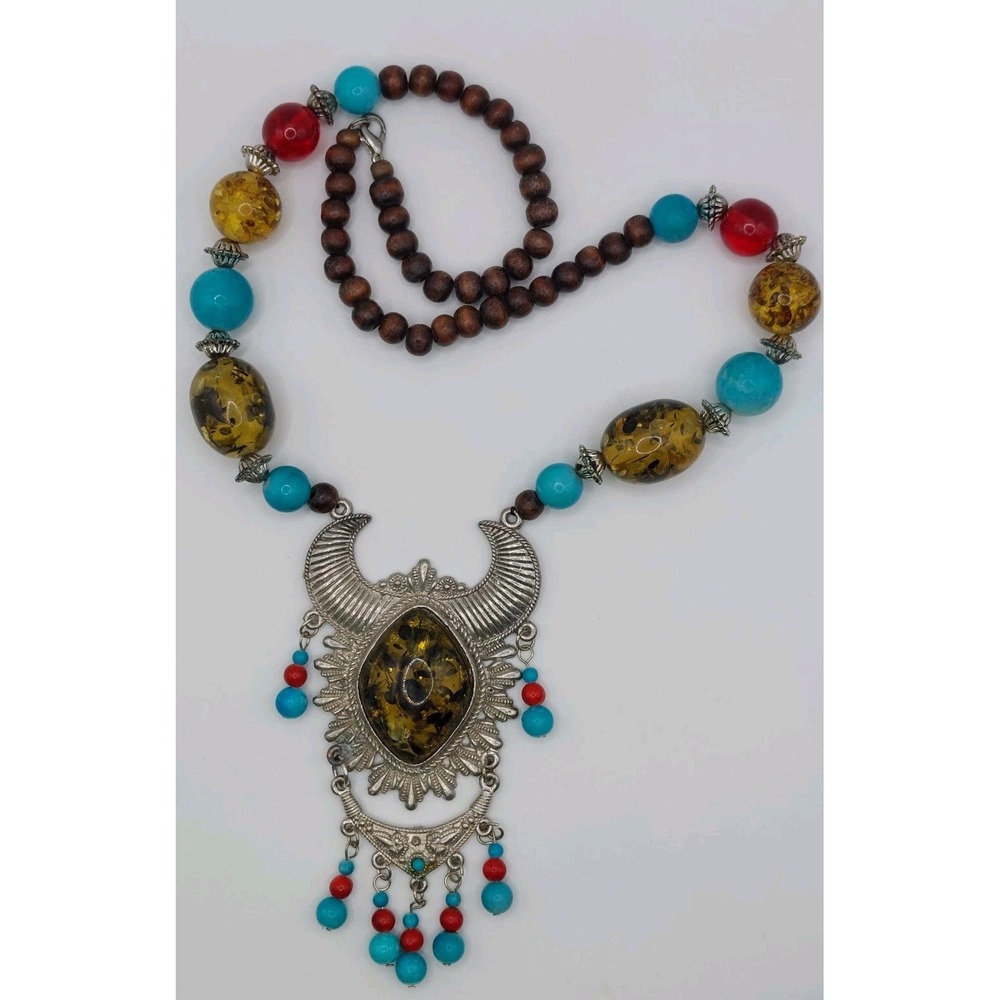 70s 80s Necklace Faux Amber Turquoise Sourhwestern Statement Earthy Boho Vintage